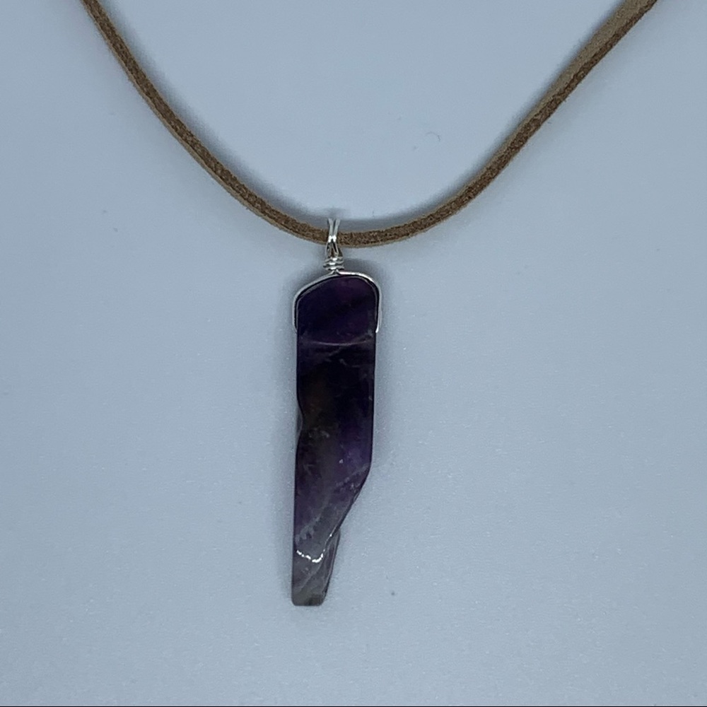 Amethyst Crystal Tan Beige Faux Leather Necklace